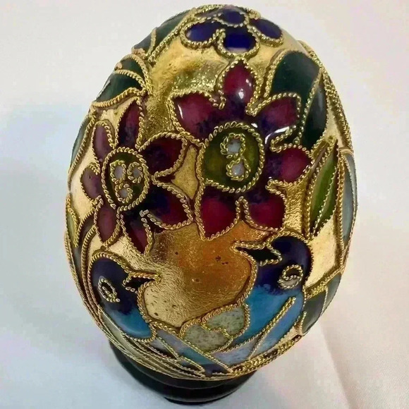 Golden Treasures Cloisonne Egg Hand Crafted Copper Floral Birds Stand Box - Picture 1 of 9